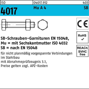 Sechskantschraube ISO 401 7 VG Mutter M20x 55 A 4-7 0 SB 25 Stück 040179120200055