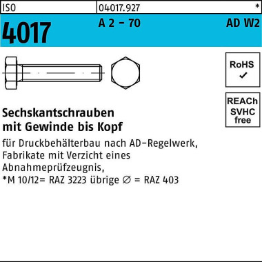 Sechskantschraube ISO 401 7 VG M12x 45 A 2 - 70 AD- W2 50 Stück 040179270120045