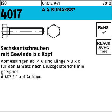 Sechskantschraube ISO 401 7 VG M20x 70 A 4 BUMAX88 10 Stück BUFAB 040179410200070