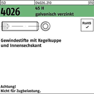 Gewindestift ISO 4026 Keg elkuppe/Innen-6kt M2x8 45 H galv.verz. 500St. 040262100020008