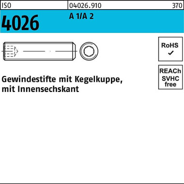 Gewindestift ISO 4026 Keg elkuppe/Innen-6kt M2x 6 A 1/A 2 500 Stück 040269100020006