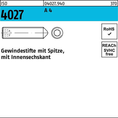 Gewindestift ISO 4027 Spi tze/Innen-6kt M3x 6 A 4 5 00 Stück 040279400030006