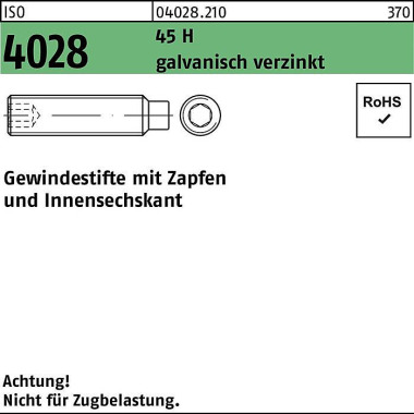 Gewindestift ISO 4028 Zap fen/Innen-6kt M16x50 45 H galv.verz. 50St. 040282100160050