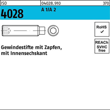 Gewindestift ISO 4028 Zap fen/Innen-6kt M4x 20 A 1/ A 2 500 Stück 040289100040020