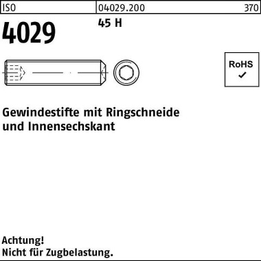 Gewindestift ISO 4029 Rin gschneide/Innen-6kt M8x 4 5 45 H 100 Stück 040292000080045