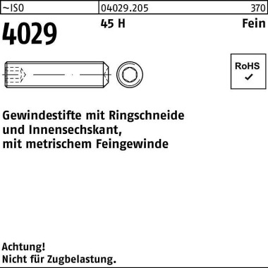 Gewindestift ISO 4029 Rin gschneide/Innen-6kt M8x1x 30 45 H Feingew. 200St. 040292050081030