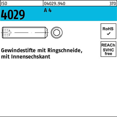 Gewindestift ISO 4029 Rin gschneide/Innen-6kt M2x 6 A 4 500 Stück 040299400020006