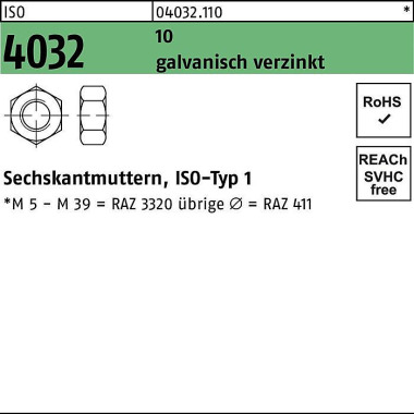 Sechskantmutter ISO 4032 M30 10 galv.verz. 10 Stüc k 040321100300000