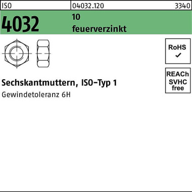 Sechskantmutter ISO 4032 M42 10 feuerverz. 1 Stück 040321200420000