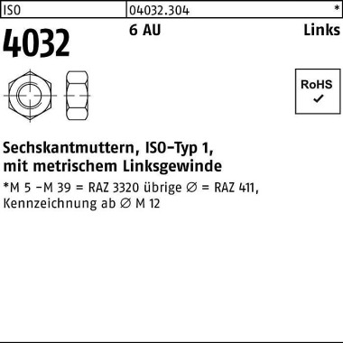 Sechskantmutter ISO 4032 links M30 6 Automatenstah l 10 Stück 040323040300000