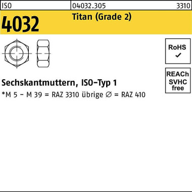 Sechskantmutter ISO 4032 M16 Titan (Grade 2) 25 St ück 040323050160000