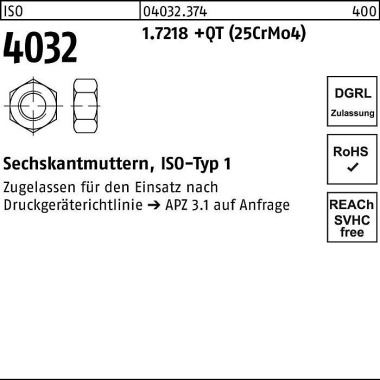 Sechskantmutter ISO 4032 M20 1.7218 +QT (25CrMo4) 50 Stück 040323740200000