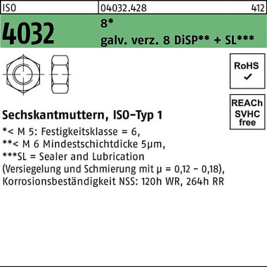 Sechskantmutter ISO 4032 M16 8 galv.verz. 8 DiSP + SL 200 Stück 040324280160000