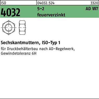 Sechskantmutter ISO 4032 M12 5-2 AD W7 feuerverz. 100 Stück 040325240120000