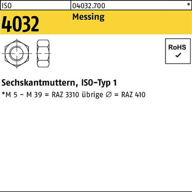 Sechskantmutter ISO 4032 M1,7 Messing 100 Stück 040327009017000