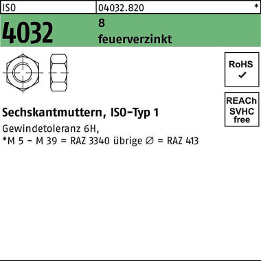 Sechskantmutter ISO 4032 M14 8 feuerverz. 500 Stüc k 040328200140000