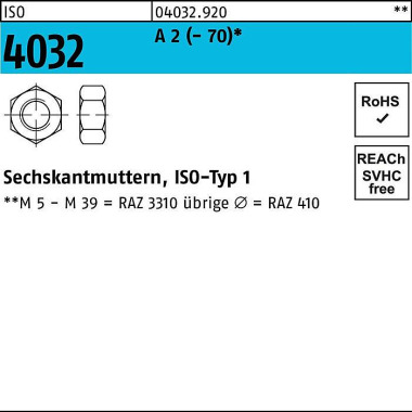 Sechskantmutter ISO 4032 M12 A 2 (- 70) 250 Stück 040329200120000