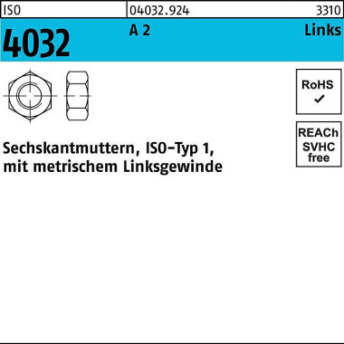 Sechskantmutter ISO 4032 links M5 A 2 (- 70) 100 S tück 040329240050000