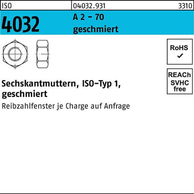 Sechskantmutter ISO 4032 M10 A 2 - 70 geschmiert 2 50 Stück 040329310100000