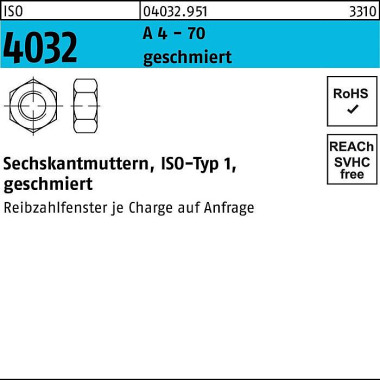 Sechskantmutter ISO 4032 M16 A 4 - 70 geschmiert 5 0 Stück 040329510160000