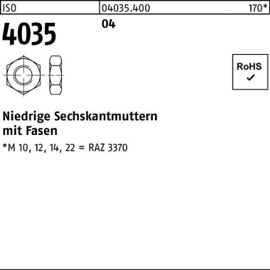 Sechskantmutter ISO 4035 niedrig Fasen M24 Automat enstahl 50 Stück 040354000240000