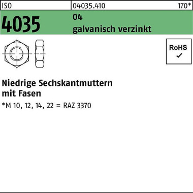 Sechskantmutter ISO 4035 niedrig Fasen M14 Automat enstahl galv.verz. 100St. 040354100140000