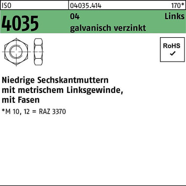 Sechskantmutter ISO 4035 niedrig Fasen links M8 Au tomatenstahl galv.verz. 1 00St. 040354140080000