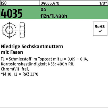 Sechskantmutter ISO 4035 niedrig Fasen M8 19 AU fl Znnc 480h-L 1000St. 040354700080000