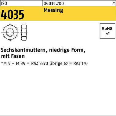 Sechskantmutter ISO 4035 niedrig Fasen M20 Messing 50 Stück 040357000200000