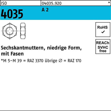 Sechskantmutter ISO 4035 niedrig Fasen M2 A 2 100 Stück 040359200020000