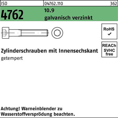 Zylinderschraube ISO 4762 Innen-6kt M6x55 10.9 gal v.verz. 200St. 047621100060055