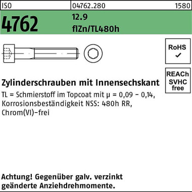 Zylinderschraube ISO 4762 Innen-6kt M12x75 12.9 fl Znnc 480h-L 50St. 047622800120075