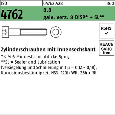 Zylinderschraube ISO 4762 Innen-6kt M3x20 8.8 galv .verz. 8 DiSP+SL 500St. 047624280030020