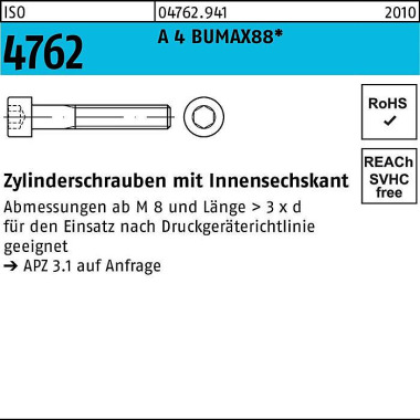 Zylinderschraube ISO 4762 Innen-6kt M6x 25 A 4 BUM AX88 100 Stück BUFAB 047629410060025