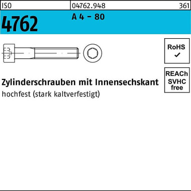 Zylinderschraube ISO 4762 Innen-6kt M6x 14 A 4 - 8 0 100 Stück 047629480060014