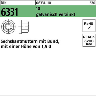 Sechskantmutter DIN 6331 Bund M16 SW 24 10 galv.ve rz. 10 Stück 063311100160000