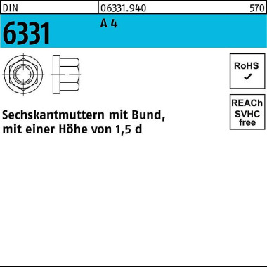 Sechskantmutter DIN 6331 Bund M16 SW 24 A 4 10 Stü ck 063319400160000