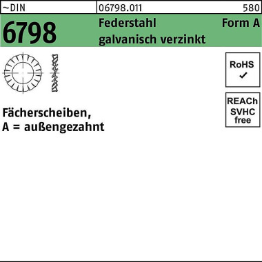 Fächerscheibe DIN 6798 Fo rmA außengezahnt A 2,7 Fe derstahl galv.verz. 500St . 067980119027000