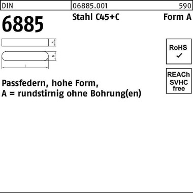 Passfeder DIN 6885 FormA rundstirnig/o.Bohrung A 6 x 6x 16 Stahl C45+C 100St . 068850010060016