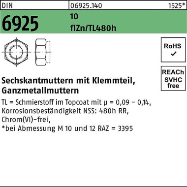 Sechskantmutter DIN 6925 Klemmteil M8 10 flZnnc 48 0h-L 500St. 069251400080000