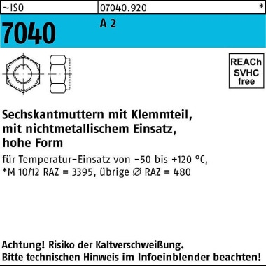 Sechskantmutter ISO 7040 Klemmteil M10 A 2 500 Stü ck 070409200100000