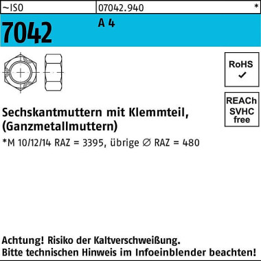 Sechskantmutter ISO 7042 Klemmteil M5 A 4 1000 Stü ck 070429400050000