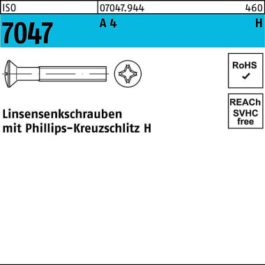 Linsensenkschraube ISO 70 47 PH M8x 20-H A 4 200 St ück 070479440080020