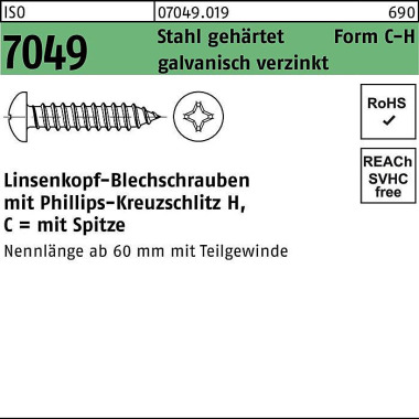 Blechschraube ISO 7049 LI KO Spitze/PH C4,2x9,5-H S tahl geh.galv.verz. 1000S t. 070490190042009