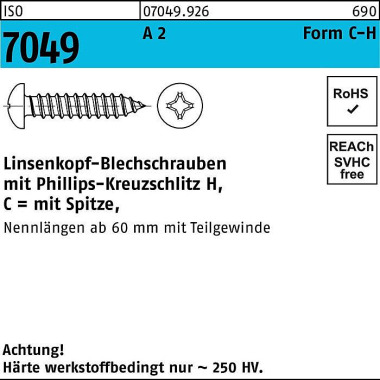 Blechschraube ISO 7049 LI KO Spitze/PH C 3,9x 22-H A 2 500 Stück 070499260039022