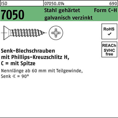 Blechschraube ISO 7050 SE KO Spitze/PH 3,5x13 -C-H Stahl geh.galv.verz. 1000 St. 070500140035013