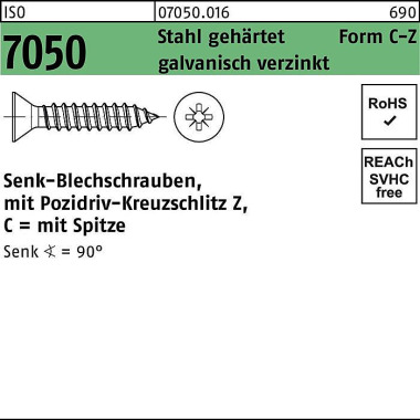 Blechschraube ISO 7050 SE KO Spitze/PZ 2,2x 9,5 -C- Z Stahl geh.galv.verz. 20 00St. 070500160022009