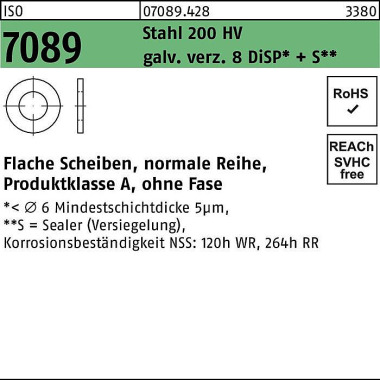 Unterlegscheibe ISO 7089 o.Fase 10 Stahl 200 HV ga lv.verz. 8 DiSP+S 500 Stü ck 070894280100000