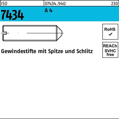 Gewindestift ISO 7434 Spi tze/Schlitz M5x 10 A 4 50 Stück 074349400050010