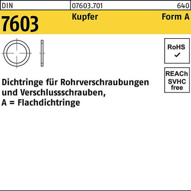 Flachdichtring DIN 7603 6 ,5x 9,5x1 Kupfer 100 Stüc k 076037010065009